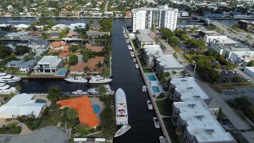 A quiet residential canal lined with private docks
