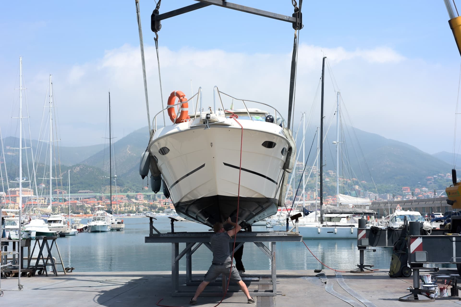 A yacht hauled out for maintenance at a South Florida boatyard